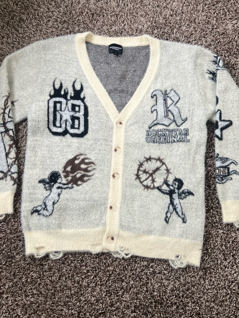 Rockstar Originals Embroidered Angel Cardigan in Cream & Gray
